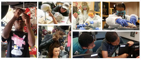 collage of children exploring programs at MCC, including dissecting, computers, anatomy, hair dressing, and automotive repair