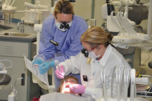 Faculty demonstrating teeth cleaning to student